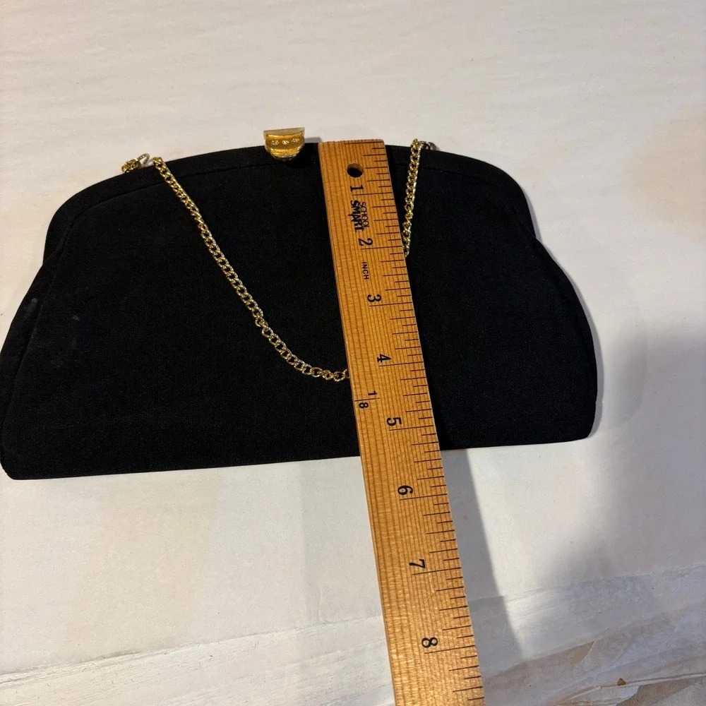 Vintage Black Crepe Evening Clutch Bag Gold Chain Strap Formal Gala Wedding